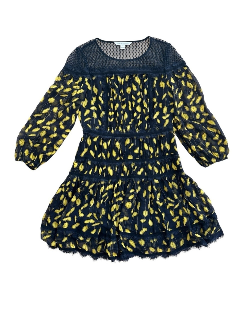 Diane Von Furstenburg Black and Yellow Silk Long Sleeve Tiered Mini Dress
